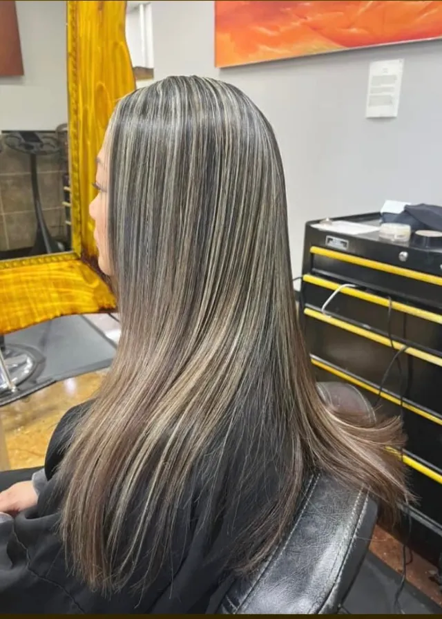 Long brunette hair with cool ash-blonde vertical highlights.