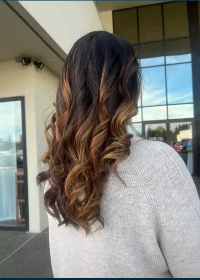 Dark brunette hair fading into caramel dimension with a curled finish.